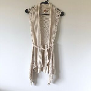 Mudd Beige Knit Sleeveless Cardigan Vest Tie Waist Crochet Mesh Back XL Y2K Boho
